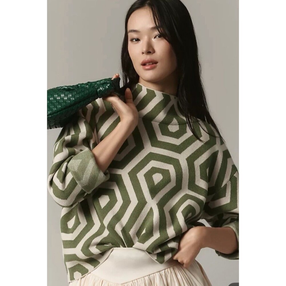Maeve x Anthropologie The Carys Mock Neck Geometric Print Sweater in Khaki Green